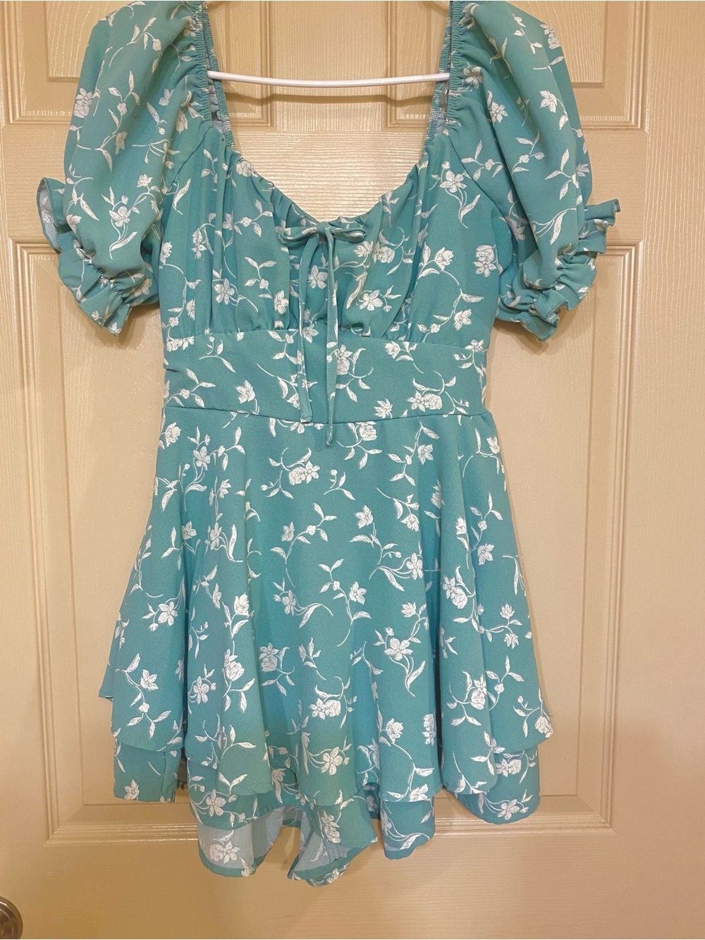 Teal Floral Puff-Sleeve Romper Dress